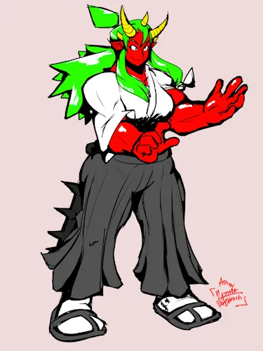 A muscular oni woman in a Akido Hidari Hanmi stance. The colors are very saturated. The oni is red, the hair is lime green, and her five horns are yellow. Two of the horns are big, and the others are small. Pointy hair goes down while part of it is in an upward ponytail. She has like, a robe top or something? Look buddy, I'm late as is. It's typical Akido wear but her left arm's sleeve is tied. Socks in sandals. A spiked club seems attached to her bottom.